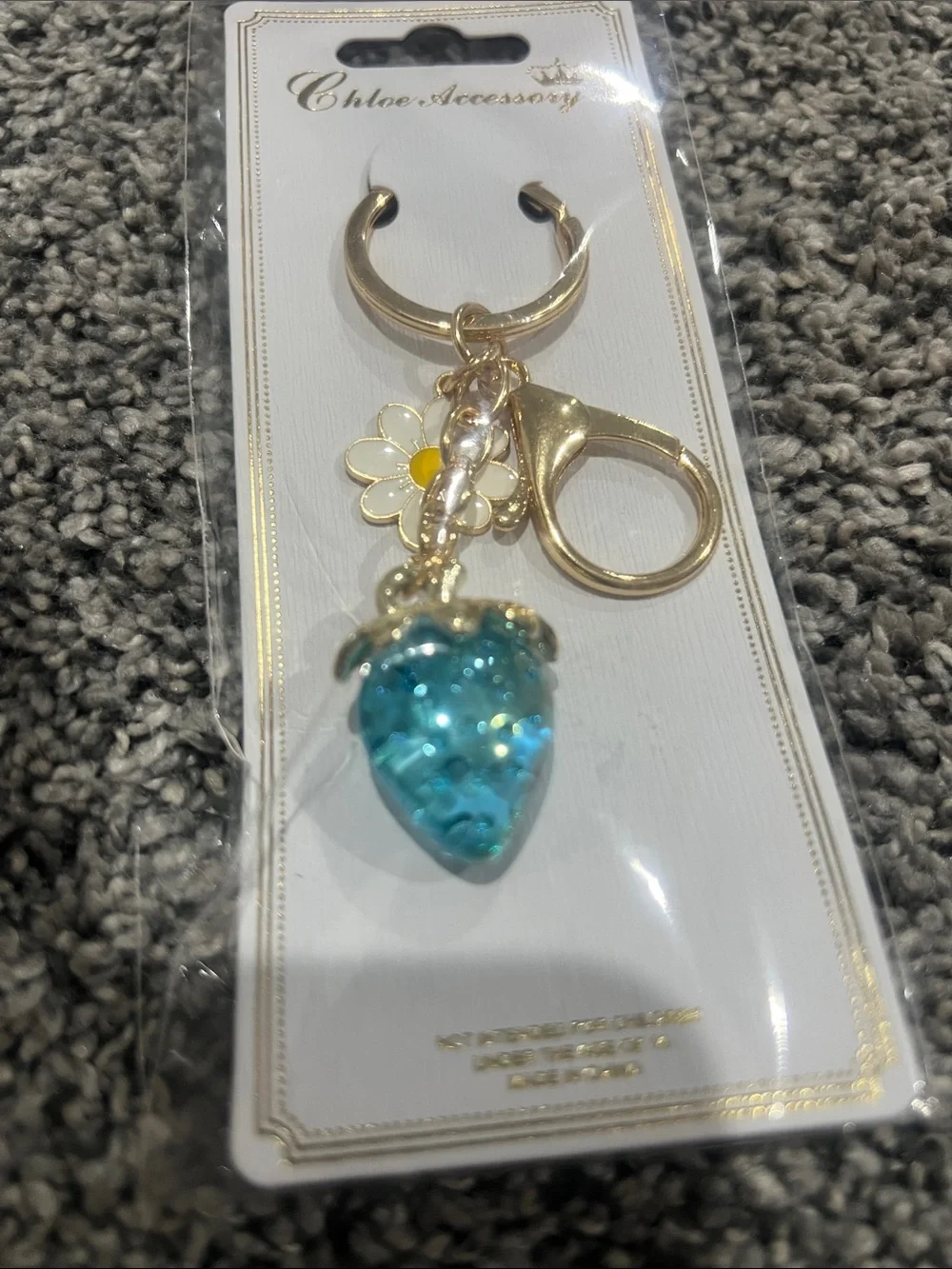Gold Keyring with Turquoise Strawberry & White Daisy Charm